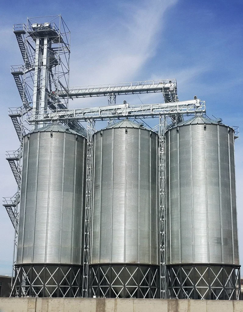 Three large metallic silos for grain storage with a metal framework and stairs, against a blue sky.