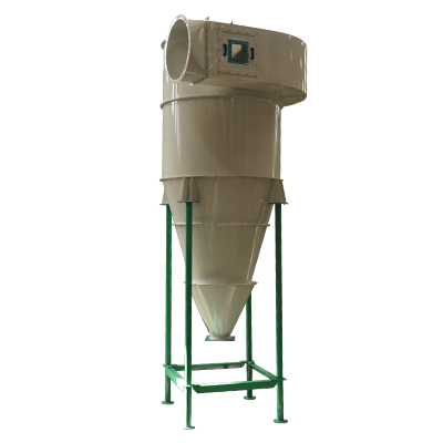Industrial dust collector with a large cylindrical chamber and a conical bottom, mounted on a green metal frame.