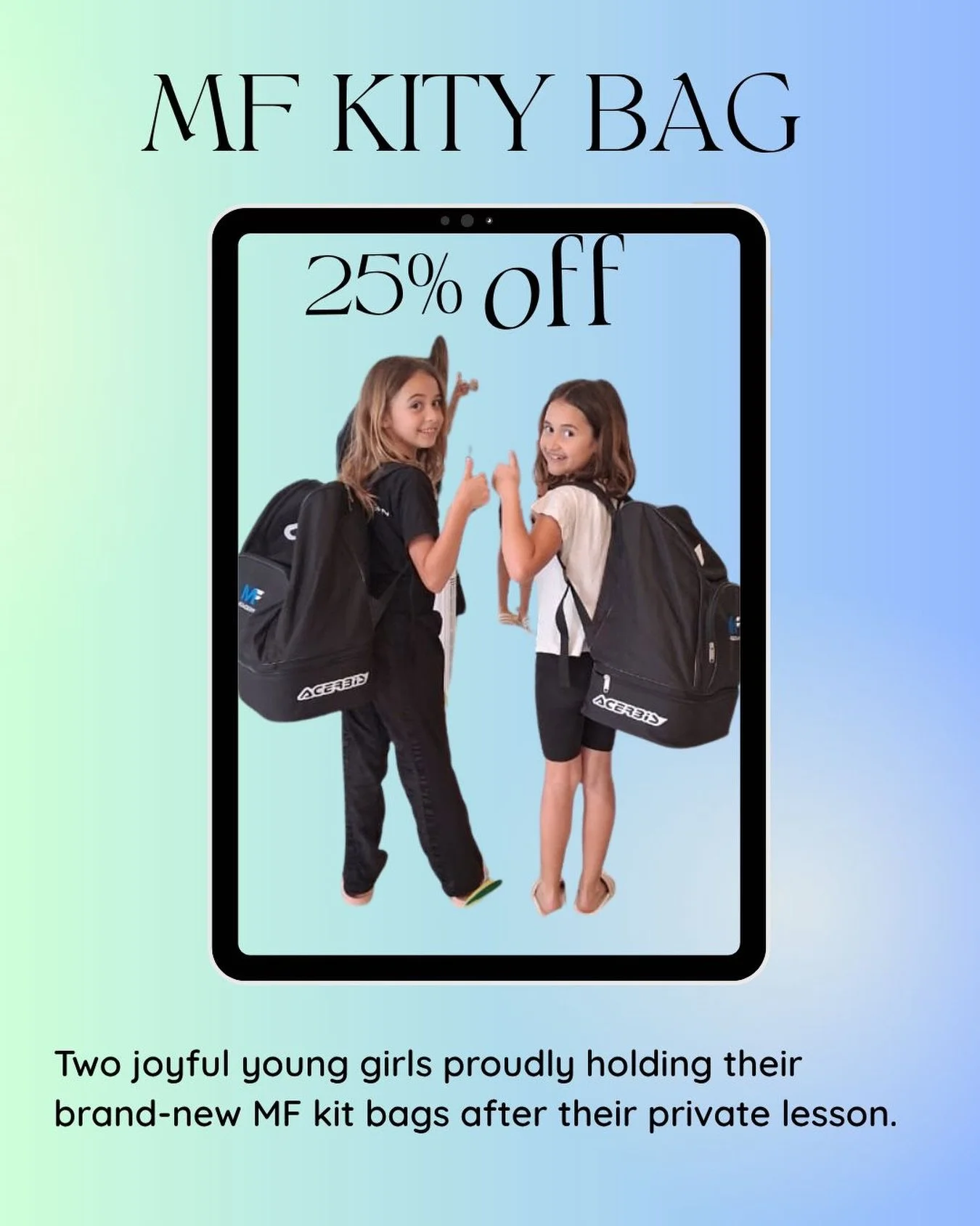 Two happy young MF girls after their private lesson 💙🥋
Rocking their brand new MF Kit Bags 🙌

🎒 LAST 5 IN STOCK Once they&rsquo;re gone&hellip; they&rsquo;re gone.

🔥 SPECIAL OFFER
 Was &euro;60 &rarr; NOW &euro;45

👉 Use code for 25OFFER (Vali