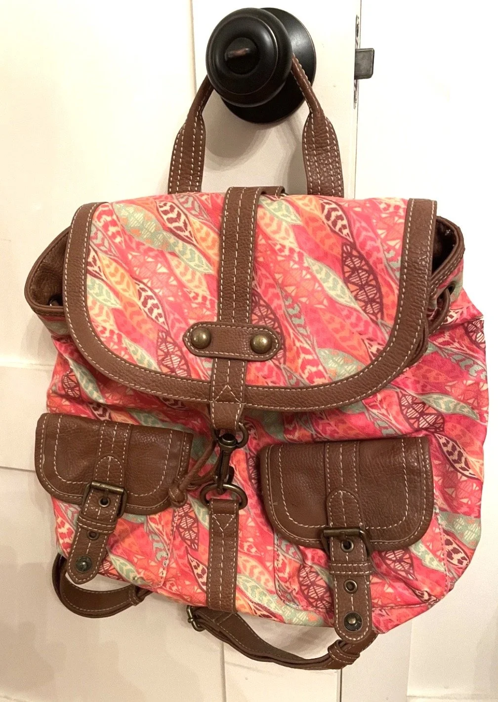 Nine West Vintage America backpack Bag Handbag Purse, Orange feathers/leaves