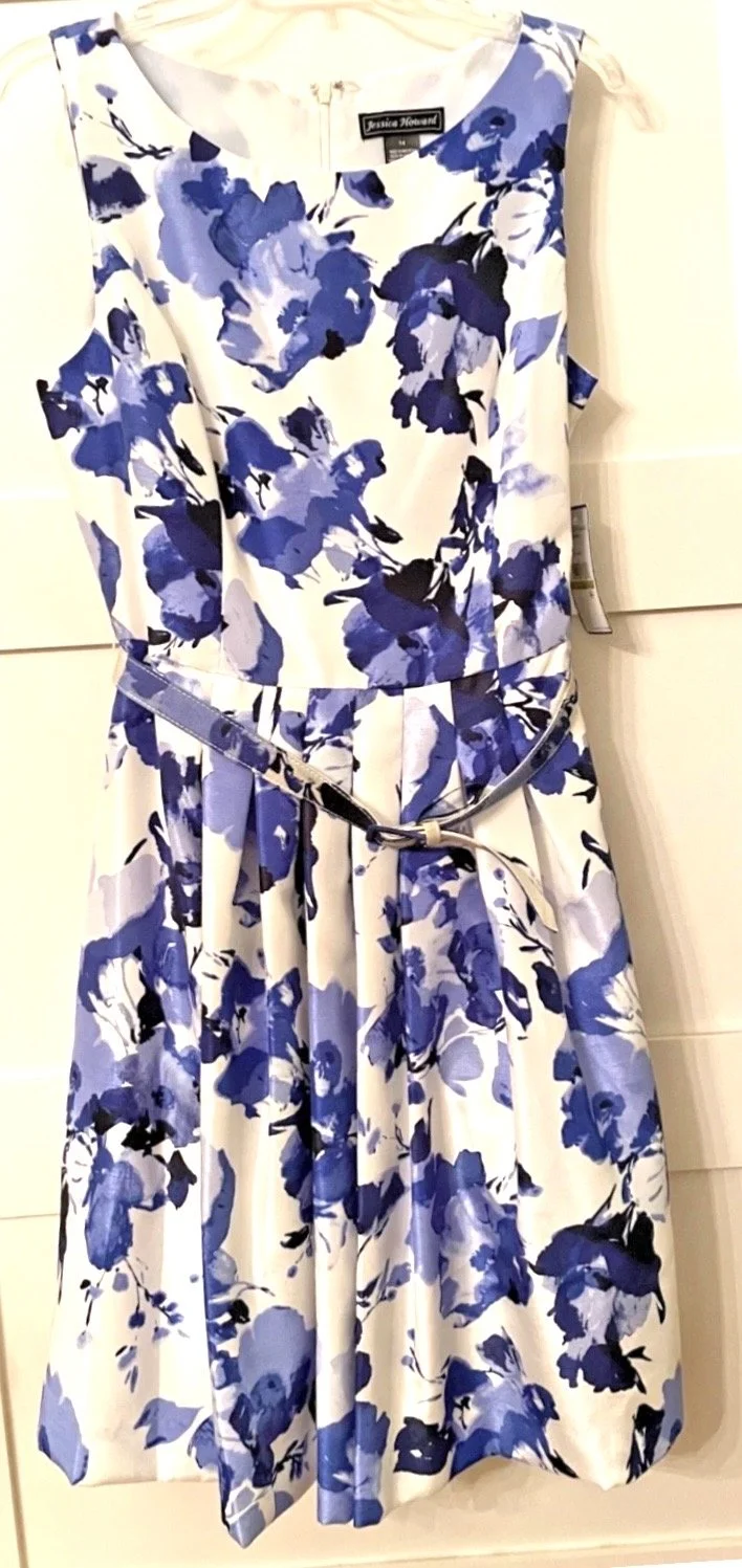 Jessica Howard Women's 14 Sleeveless Dress Lined blue white floral new with tags