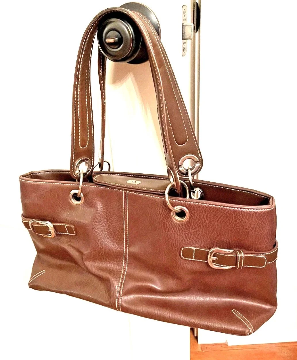 Tommy Hilfiger Brown Faux Leather Buckle Tote