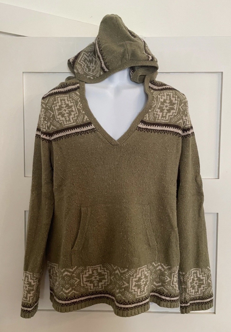 Eddie Bauer women's Large tall Wool cotton Angora hooded tunic sweater green