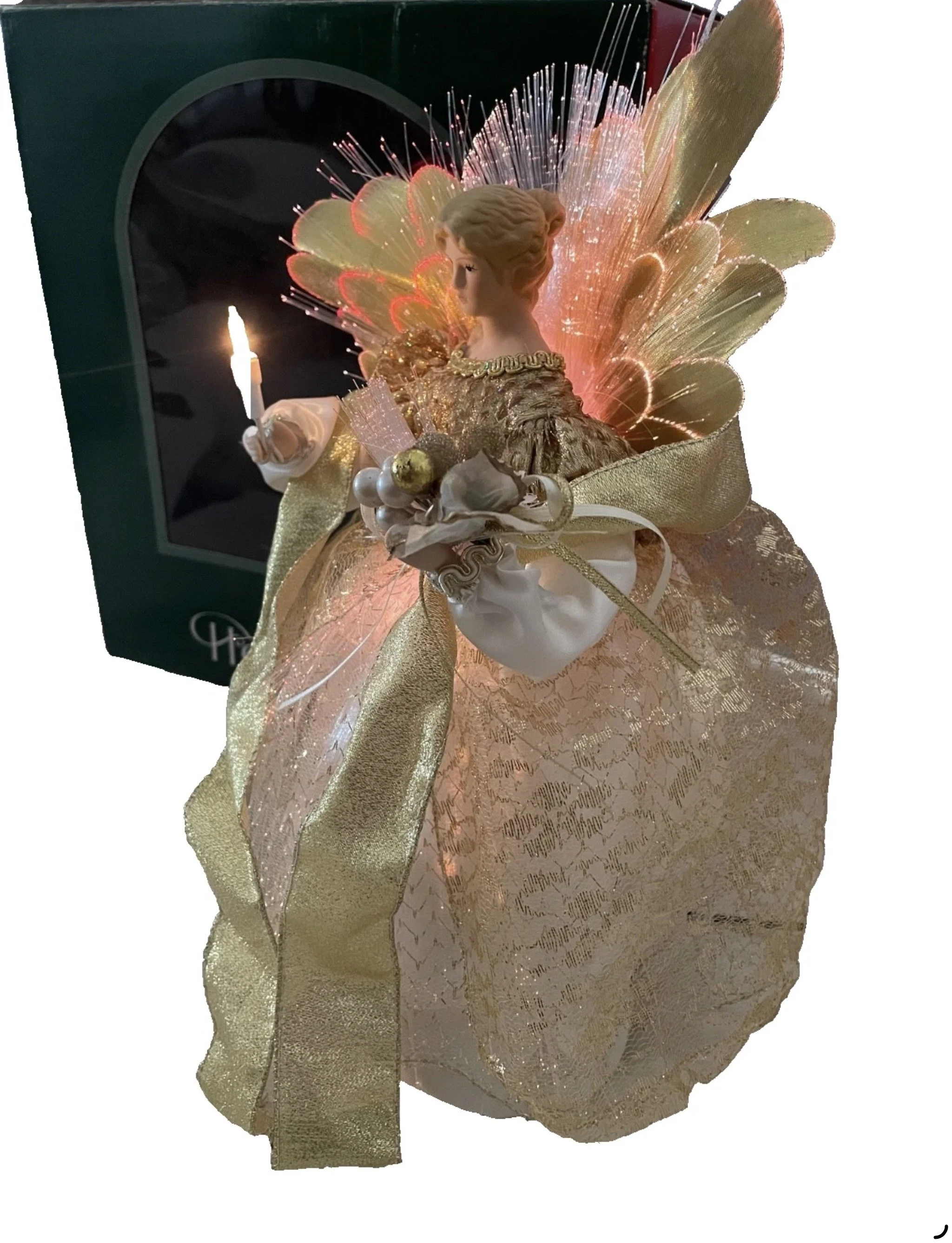 Holiday Lane fiberoptic Lit 12 Inch Angel Tree Topper with Gold Dress with box
