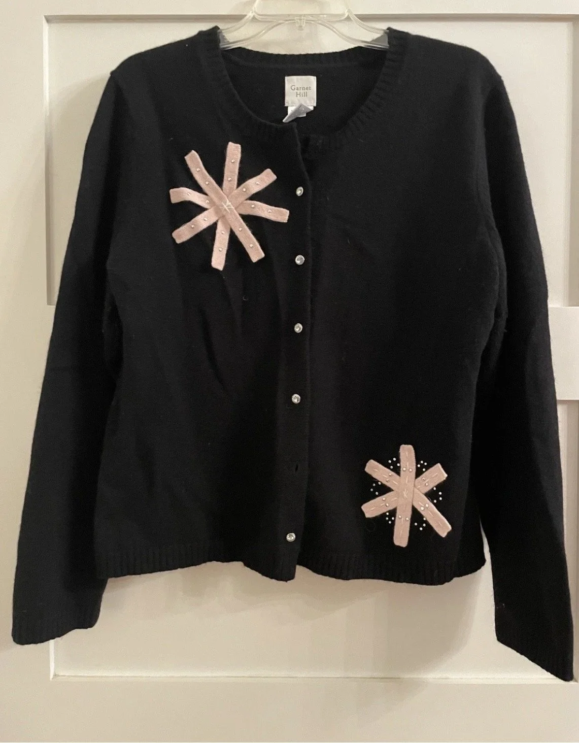 Garnet Hill Womens Lambswool Angora Blend Snowflake Cardigan Sweater sz L Black