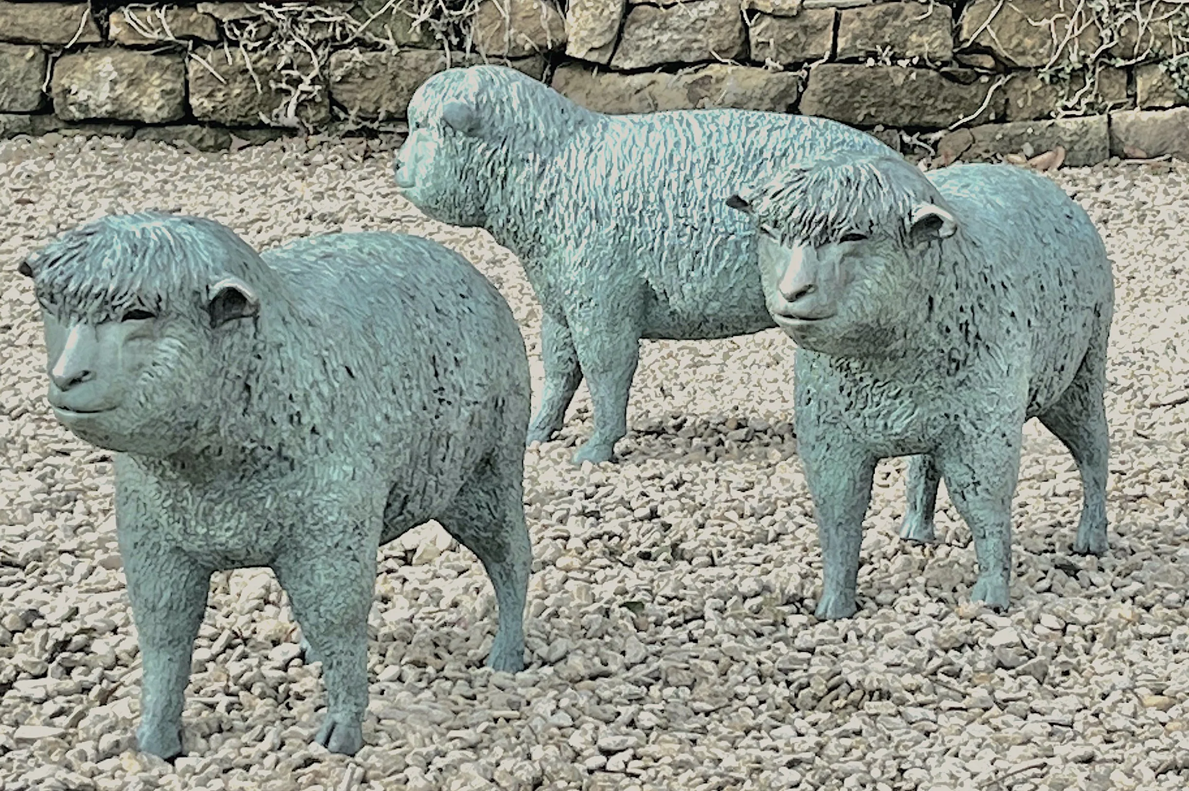 Three Bronze sheep at 1/3 life size, patinated in a soft verdigris.