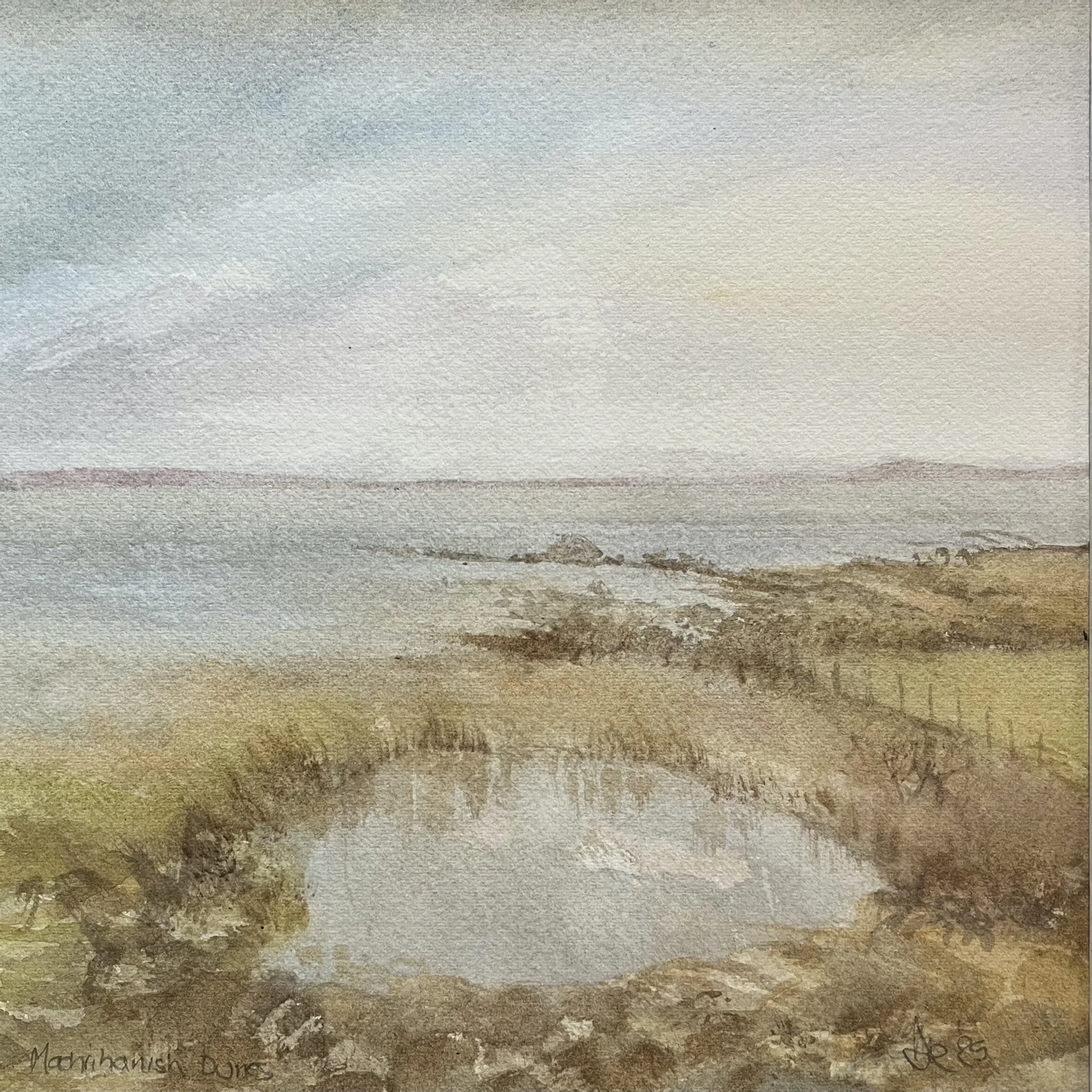 Machrihanish Dunes - pools like this appear after a high tide. Watercolour on Arches 300 gsm rough paper, 20x20cm, sold to private collector.