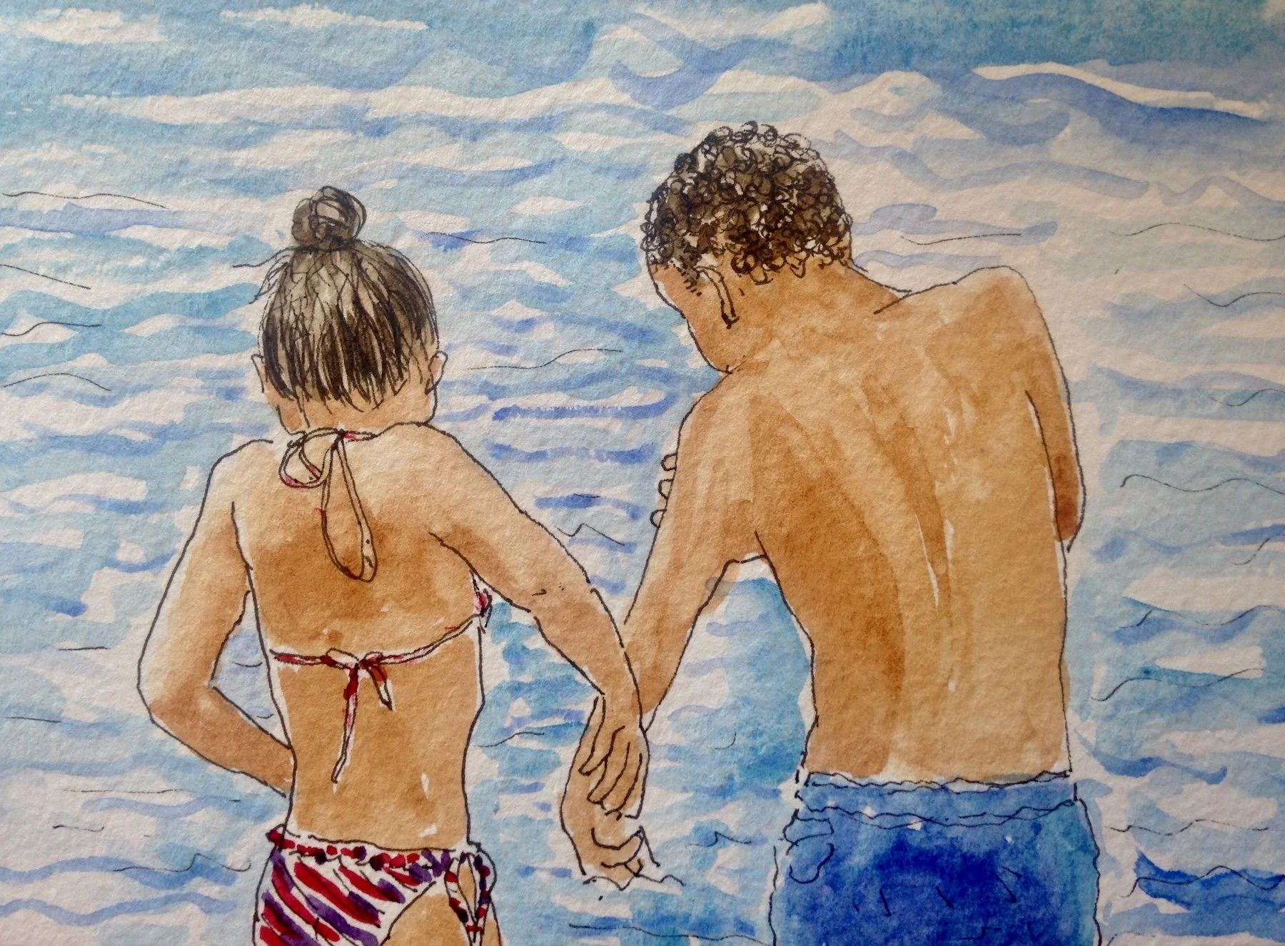 Watercolor painting of a man and woman holding hands in the ocean, seen from behind, with water and sky in the background.