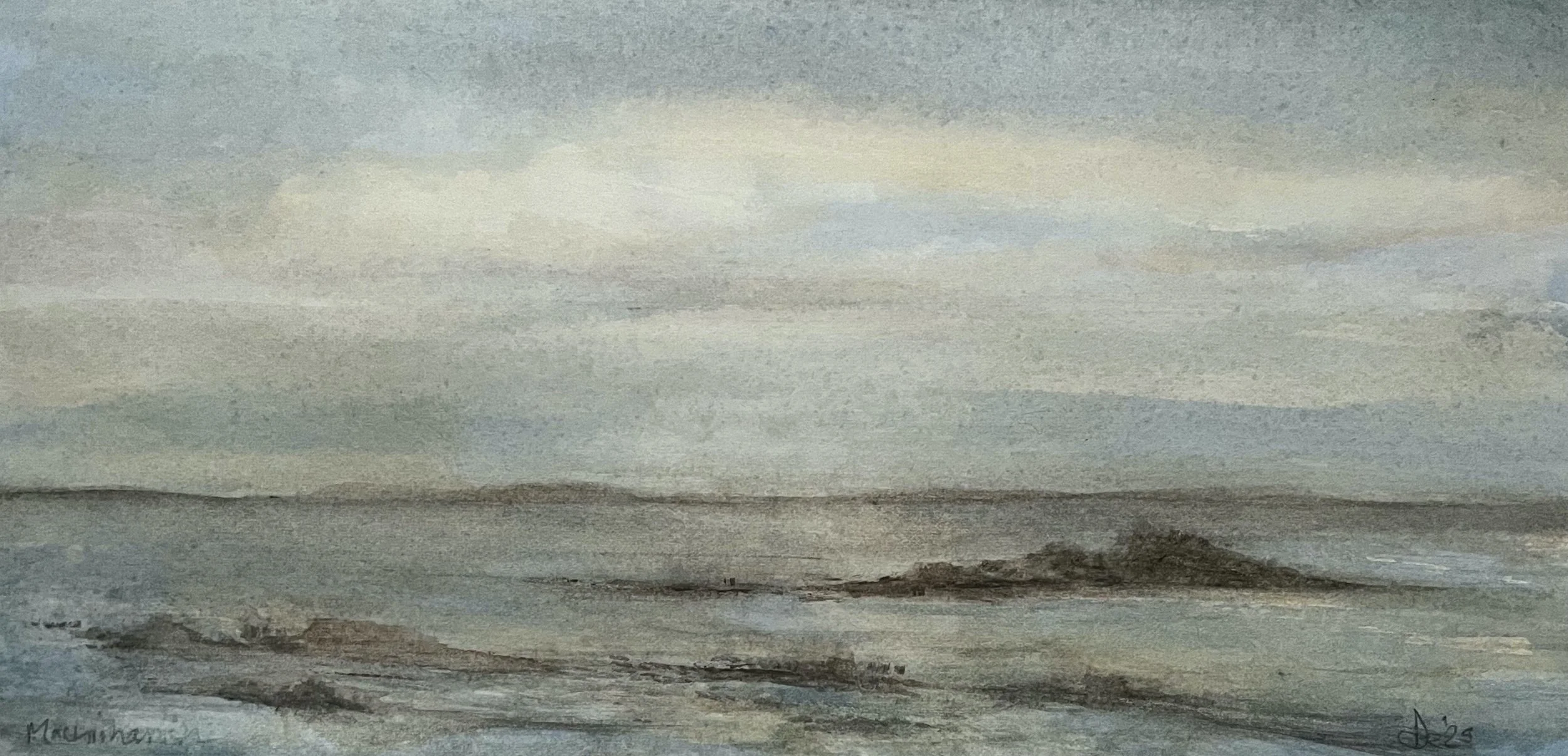 Machrihanish rocks, after the storm. Watercolour on Arches 300 gsm rough paper, 29 x 16 cm, presented in a double dove grey mount ready for framing. £300
