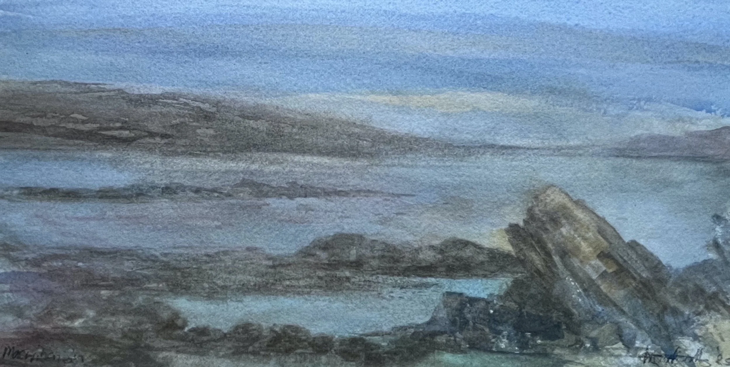 Machrihanish, Rocky Shore 5, 29 x 16 cm, watercolour on Arches 300 gsm rough paper, presented in a double dove grey mount ready for framing. £300
