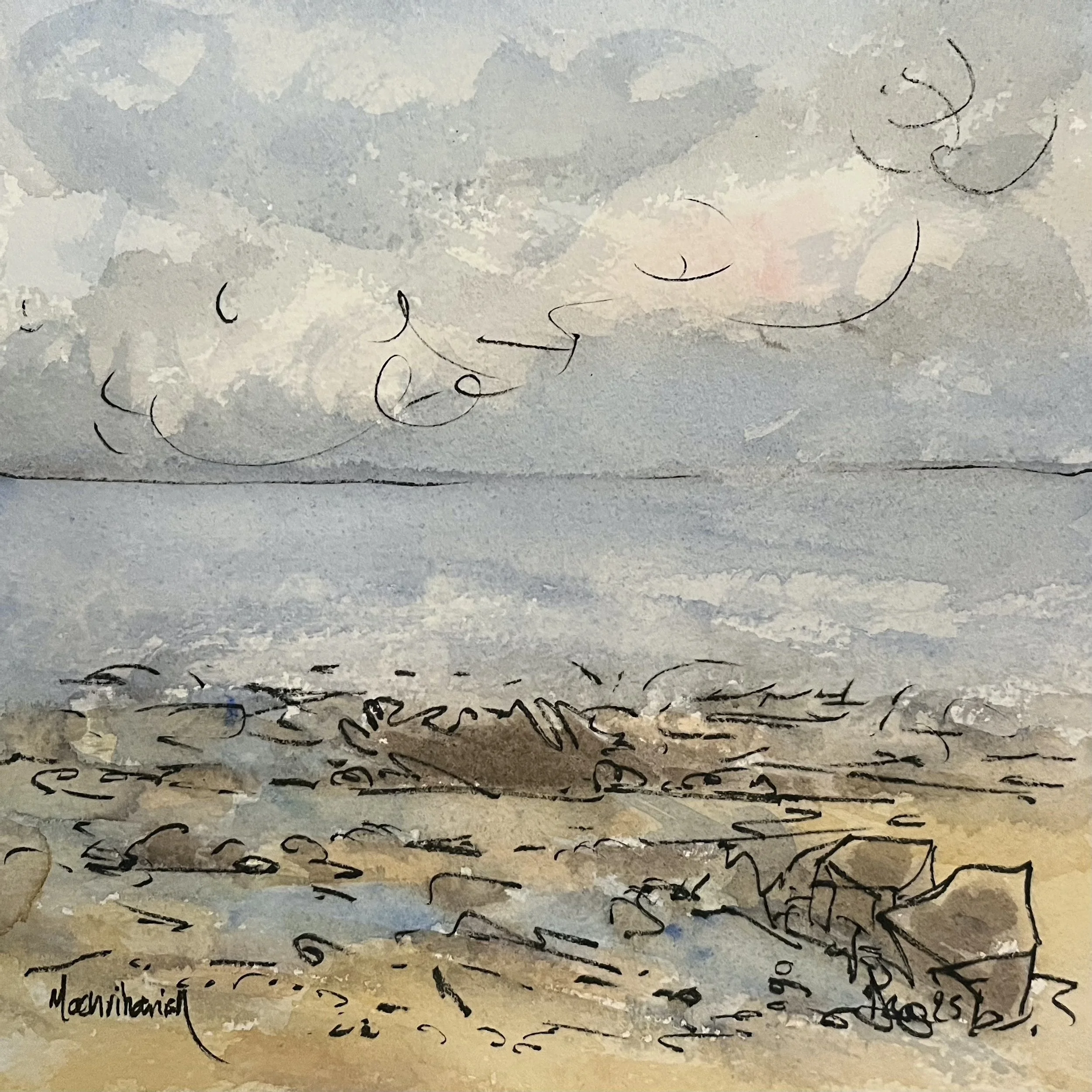 image of the wild seas off Machrihanish, a storm is blowing in and this watercolour depicts the movement of the waves and the force of the wind.