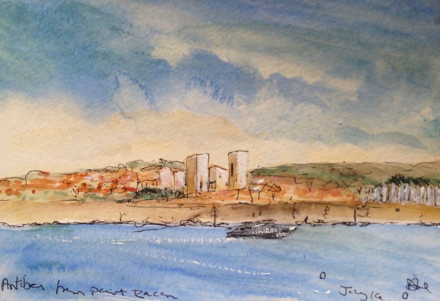 Watercolor painting of a cityscape with two tall buildings, a hillside with smaller buildings, and a body of water in the foreground, under a partly cloudy sky.