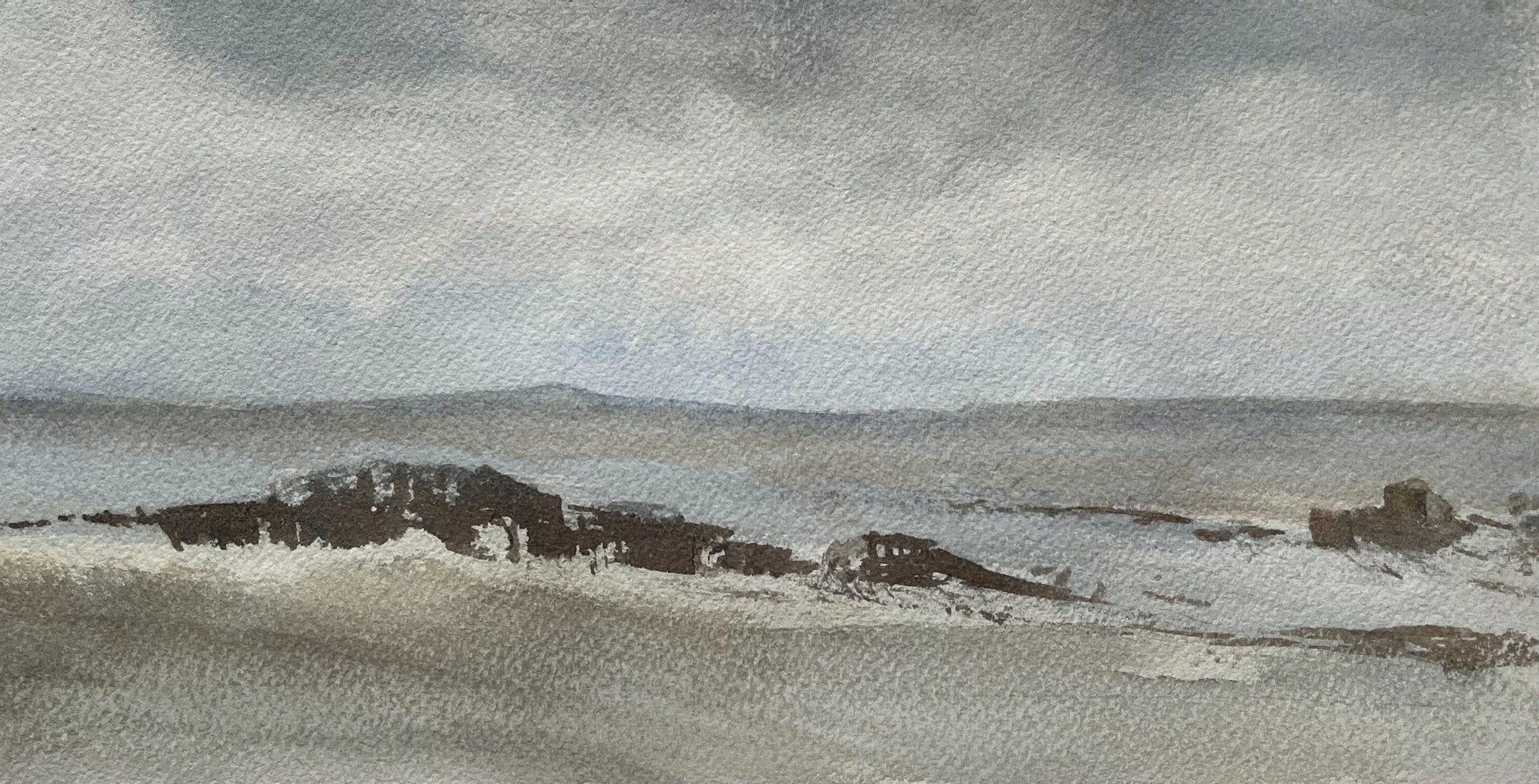 Machrihanish rocks, no.4. Watercolour on Arches 300 gsm rough paper, 29 x 16 cm presented in dove grey double mount ready for framing. £300.