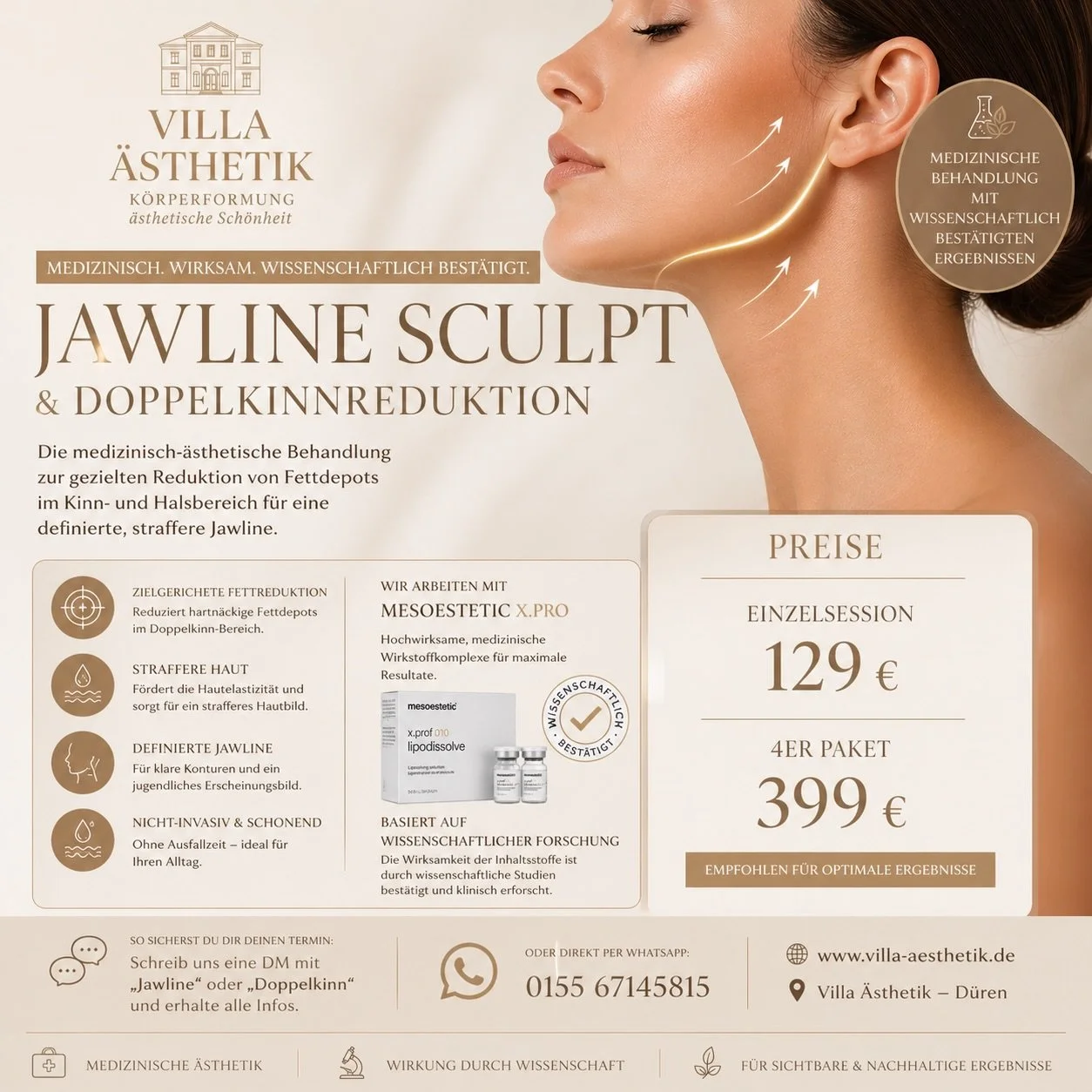 ✨ Sag Bye zum Doppelkinn &ndash; Hallo definierte Jawline ✨

Mit unserem exklusiven 
&bdquo;Jawline Sculpt &amp; Doppelkinn Reduktion&ldquo; formen wir gezielt deine Kinn- und Kieferpartie &ndash; f&uuml;r eine sichtbar straffere, definierte Kontur, 