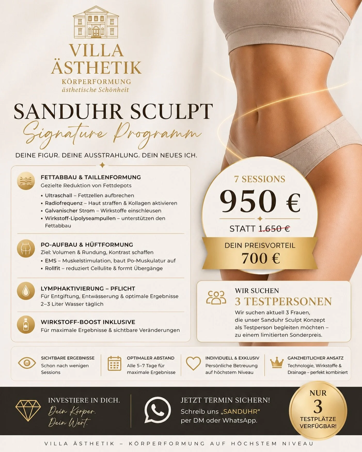 Wir suchen aktuell 3 Frauen,
die dieses Konzept testen und ihre Figur gezielt formen m&ouml;chten.

📩 Schreib uns eine DM mit &bdquo;SANDUHR&ldquo;
und wir beraten dich ehrlich, ob das zu dir passt 💛

#sanduhreffekt #bodycontouring #k&ouml;rperform