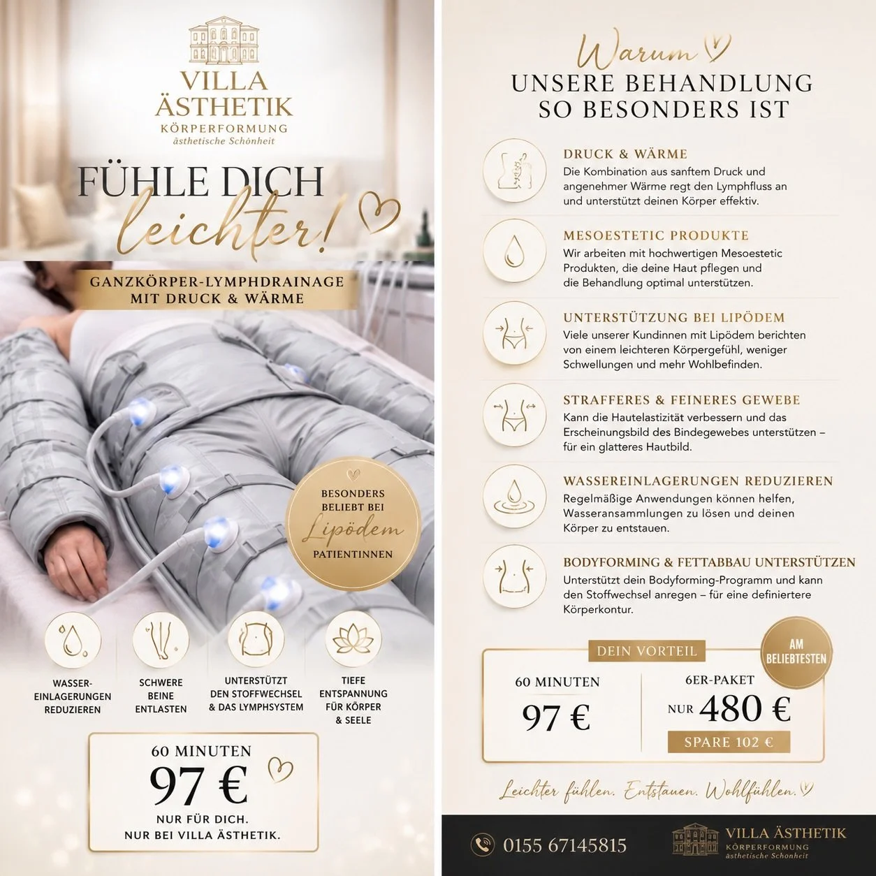 ✨ F&Uuml;HLE DICH ENDLICH WIEDER LEICHT ✨

Schwere Beine, Wassereinlagerungen oder das Gef&uuml;hl, dass dein K&ouml;rper einfach nicht loslassen kann?

Stell dir vor, du stehst nach nur 60 Minuten auf und f&uuml;hlst dich leichter, entspannter und w