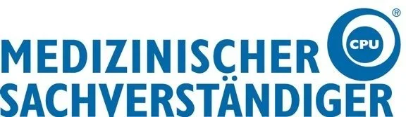 Medizinischer Sachverständiger Logo mit blauem Text und blauer Kreismarke.