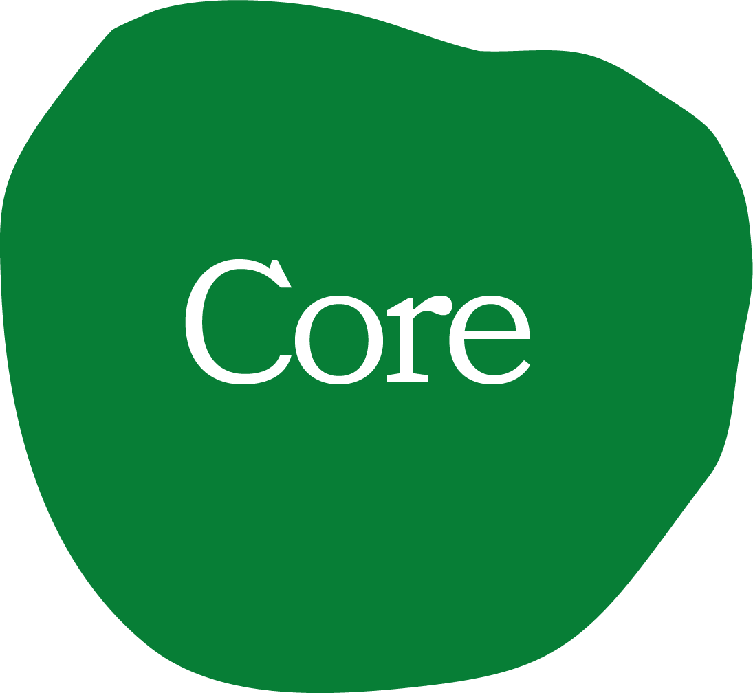 Green irregular shape with the word 'Core' written in white in the center.