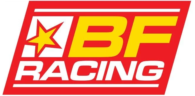 Logo of BF Racing featuring a yellow star, large yellow 'BF', and the word 'RACING' in white, all on a red background with white and yellow accents.