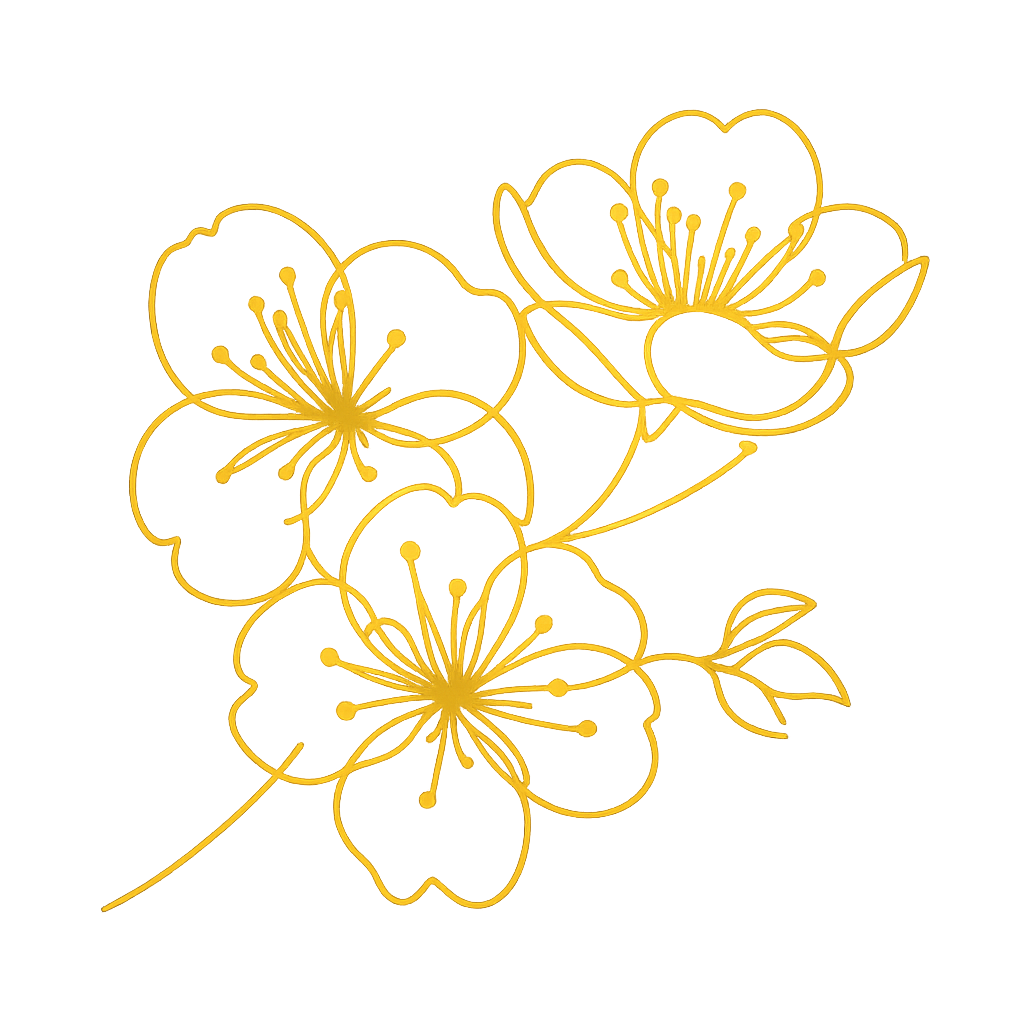 Gold outline drawing of three cherry blossom flowers with leaves on a black background.