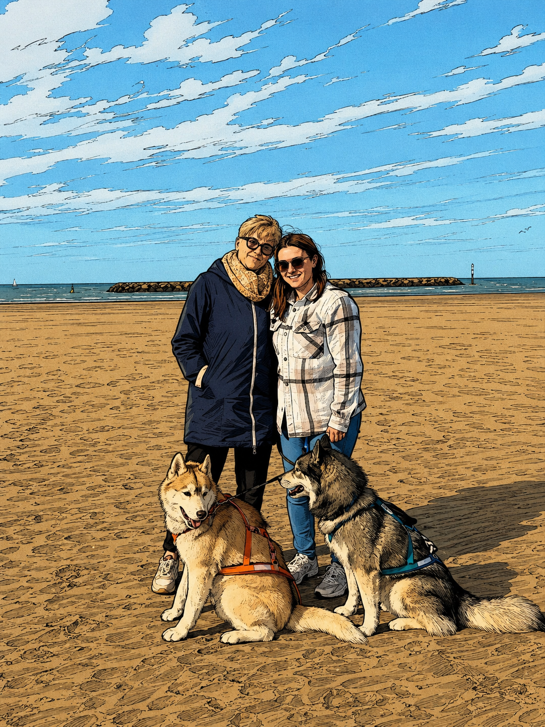 Deux femmes debout sur la plage avec deux chiens de traîneau de race husky. La mer en arrière-plan avec un quai, un phare et un ciel nuageux.