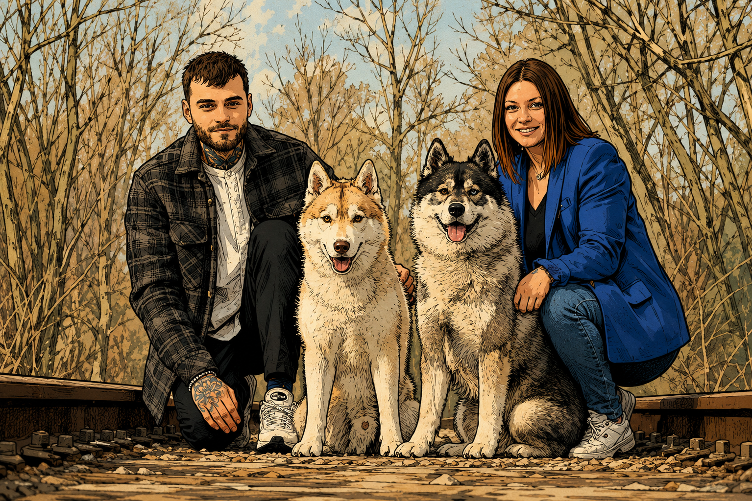Un homme et une femme, accompagnés de deux chiens husky, posent sur une voie ferrée dans un parc arboré.