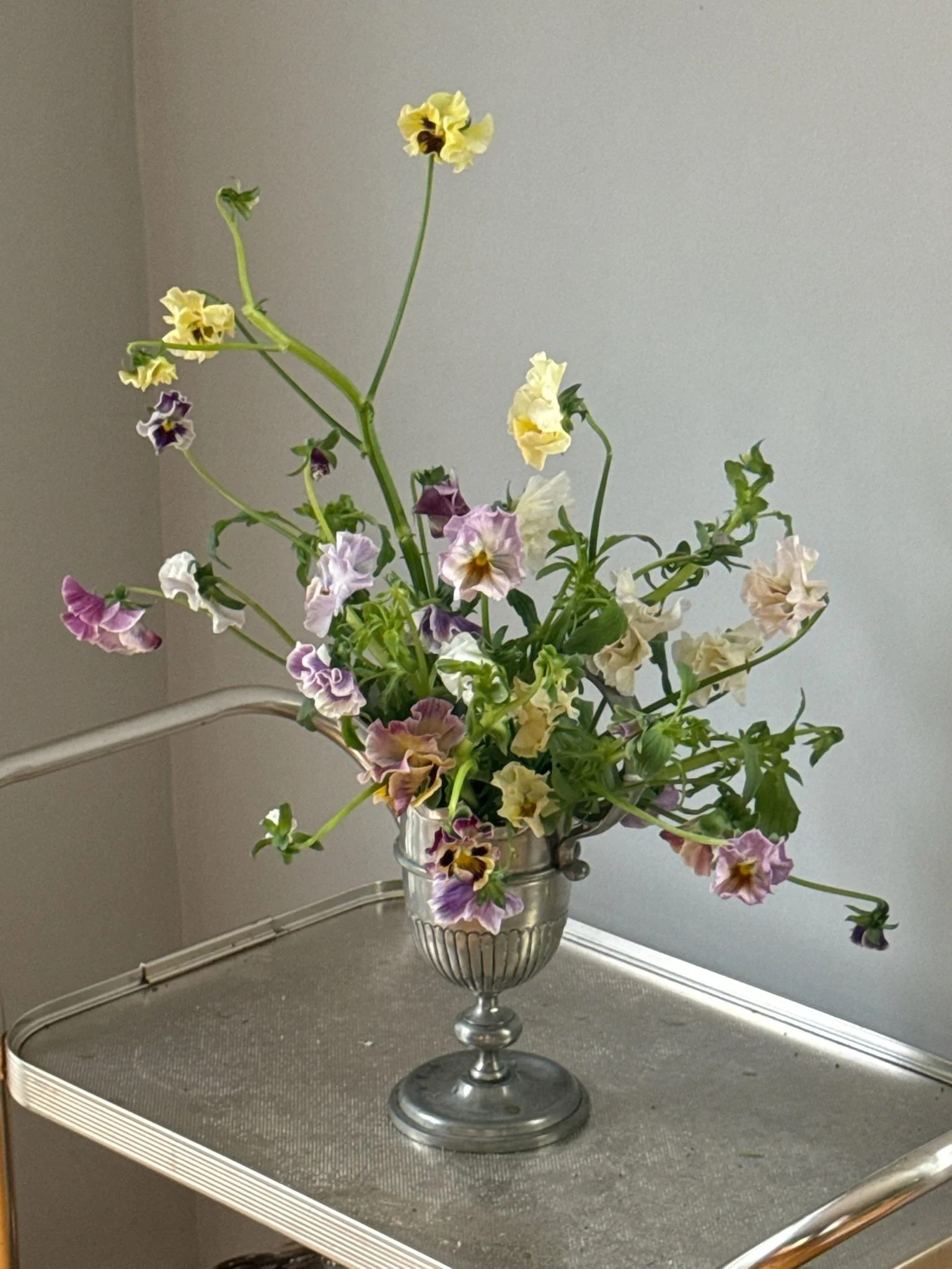 Event flowers pansies sculptural arrangement vintage silver table styling.JPG