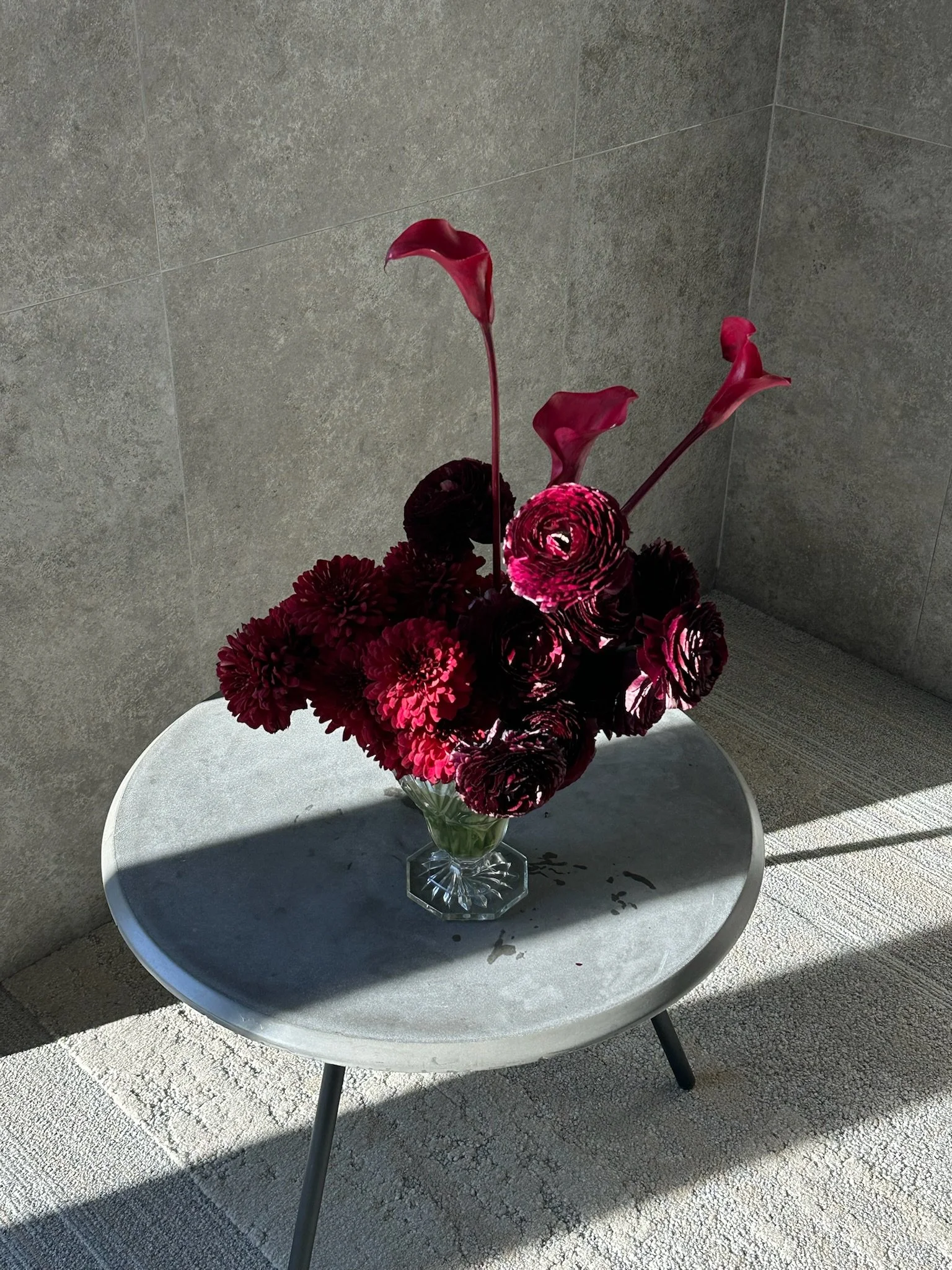 Red burgundy event sculptural flower arrangement .JPG