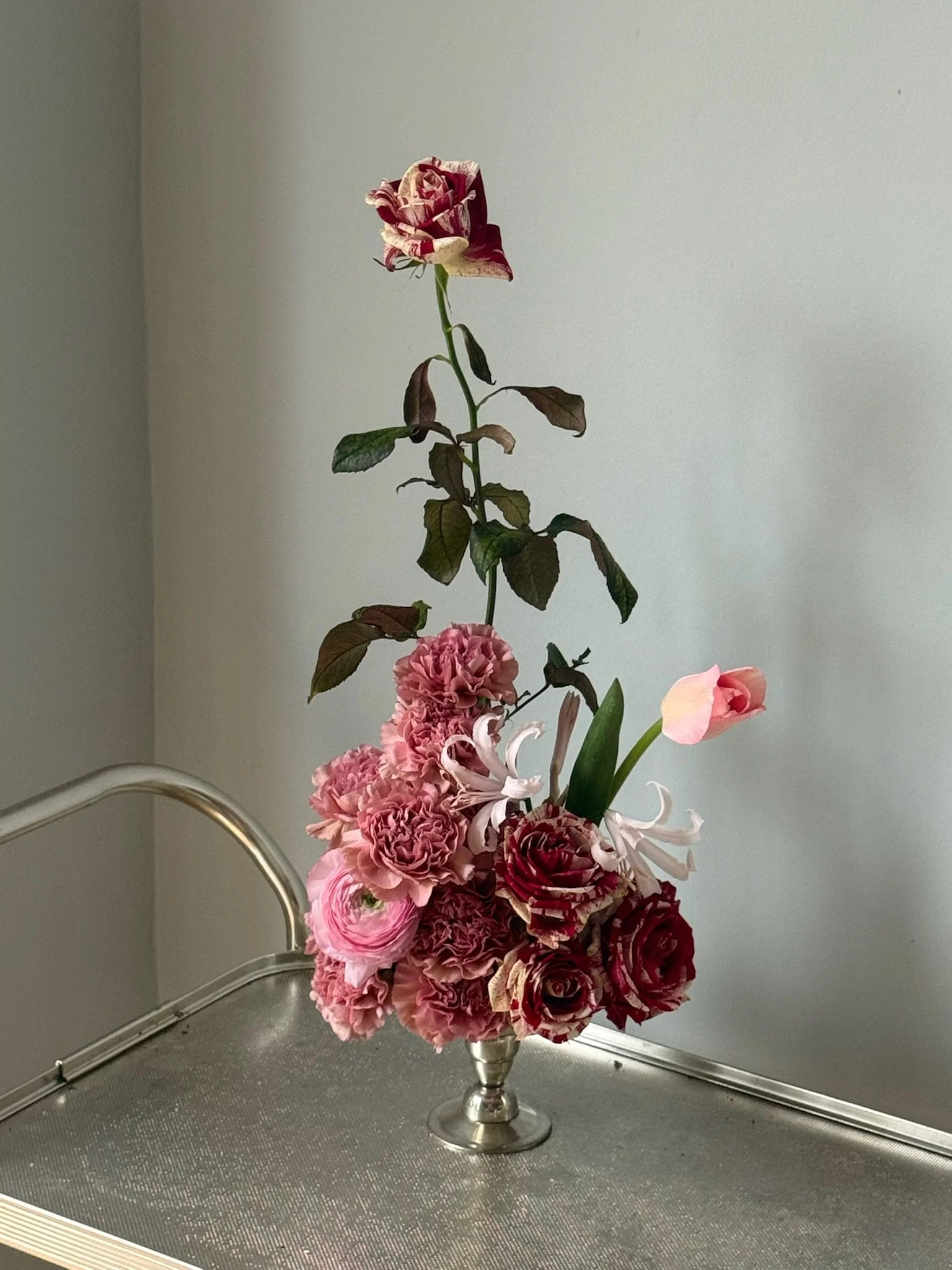 Pink event flowers roses tulips carnations sculpture.JPG