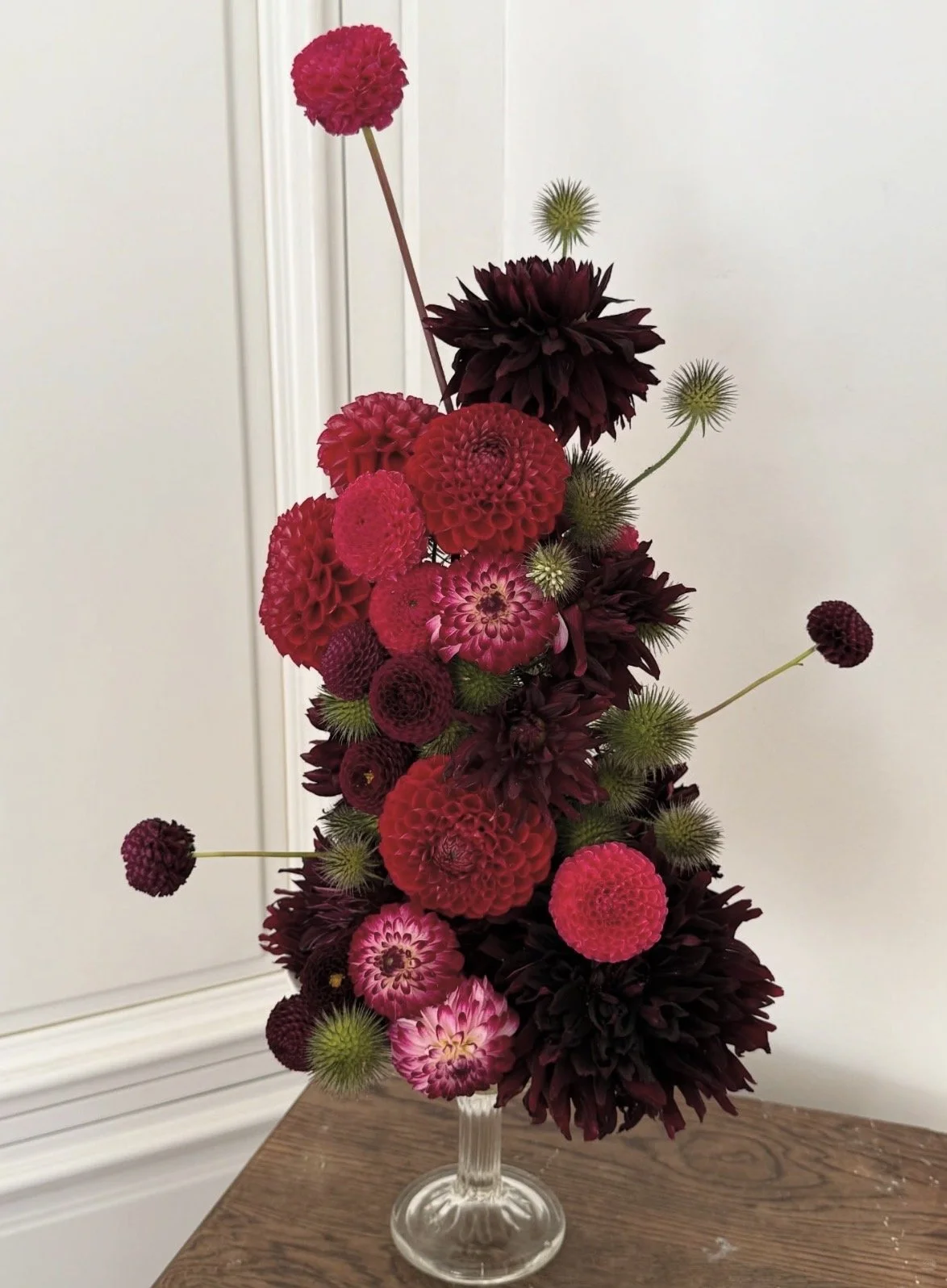 Chrysanthemums sculpture event flower arrangement burgundy red pink.jpg