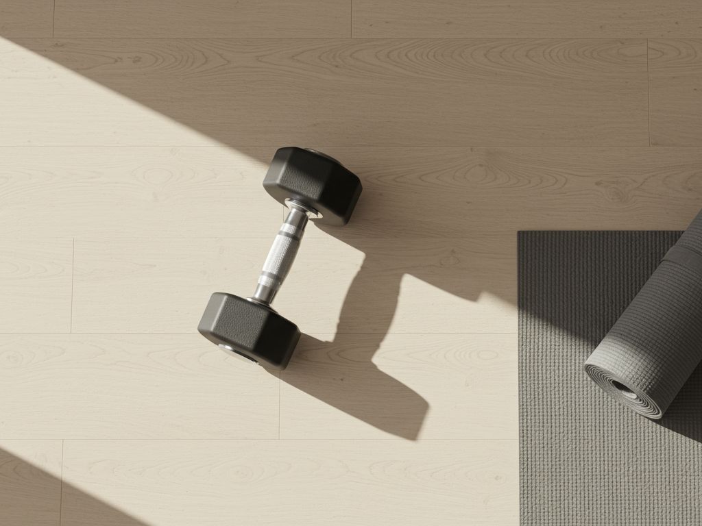 A single dumbbell on a light-colored wooden floor next to a rolled-up gray exercise mat and a gray textured exercise mat.