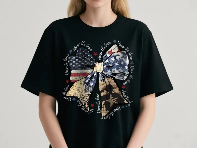 Patriotic Bow Shirt, Honor the Brave Tee, Military Support Shirt, USA Flag Bow.
