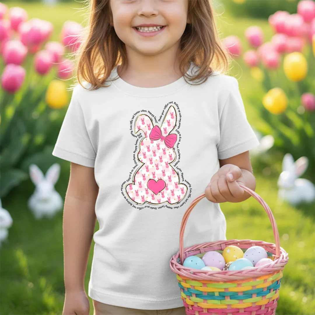 Pastel Easter Vibes, Coquette Aesthetic, Girly Easter Graphic, Pink Checkered Bunny.