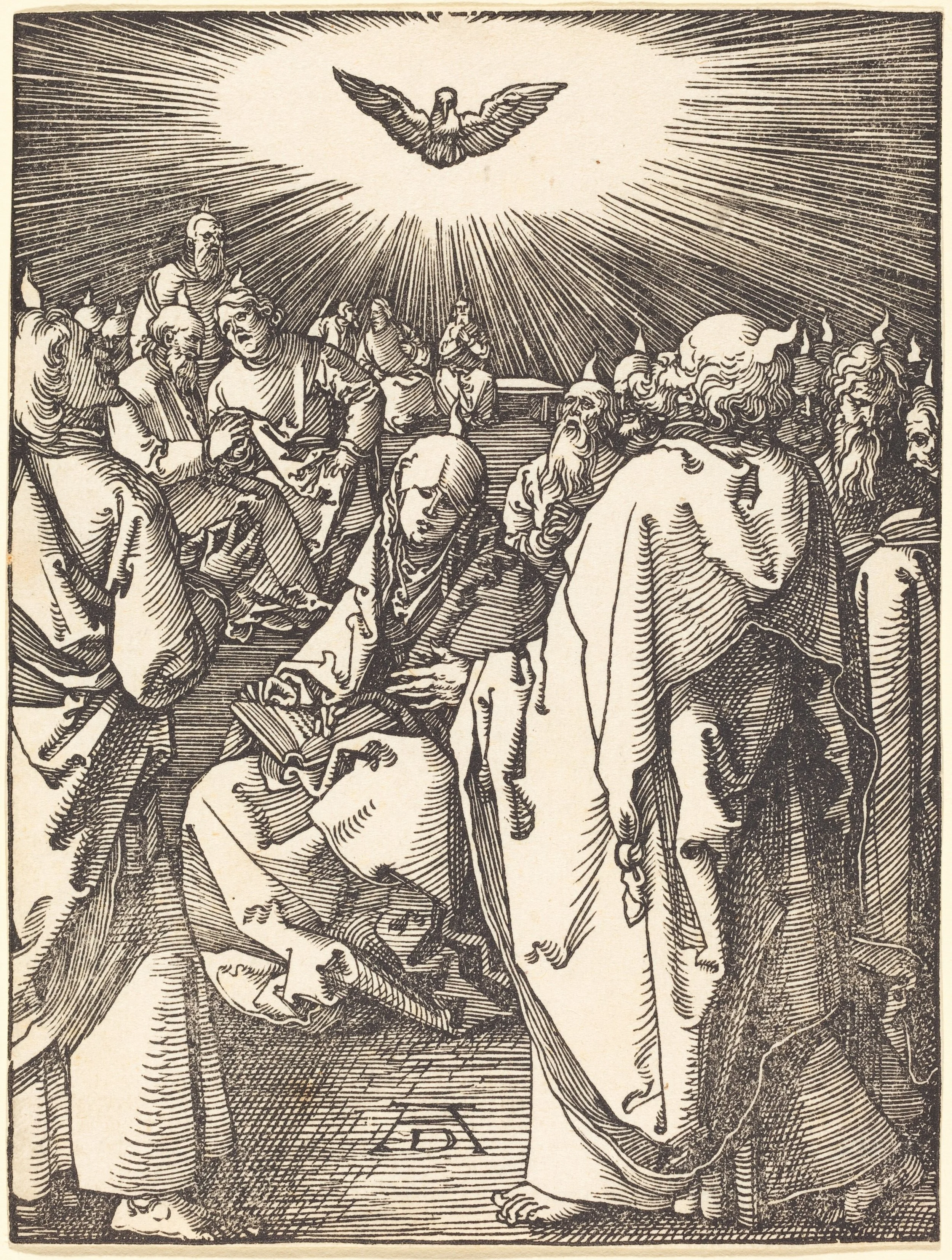 A black and white illustration of a religious scene with a group of people gathered around a central figure holding a staff and a book, with a dove surrounded by rays of light above them.