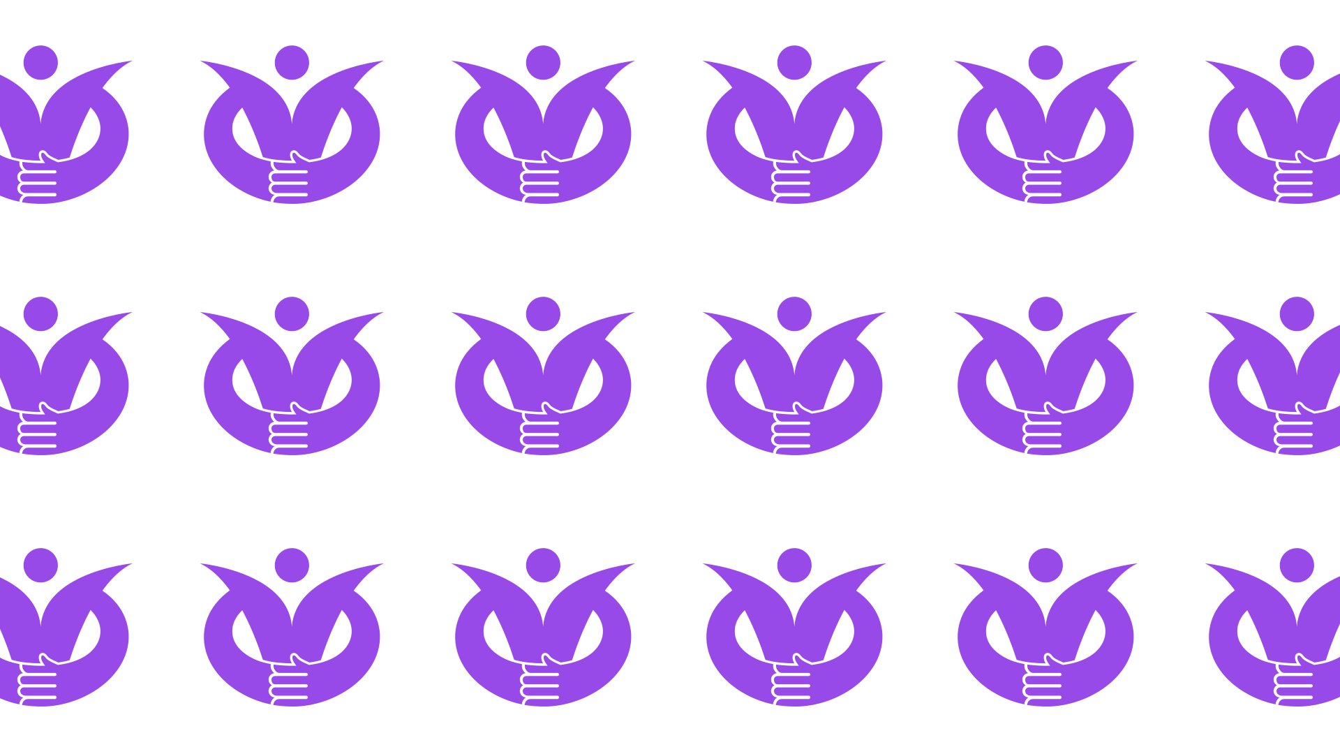 A repeating pattern of purple hands holding a heart-shaped object, with a dot above it, on a white background.