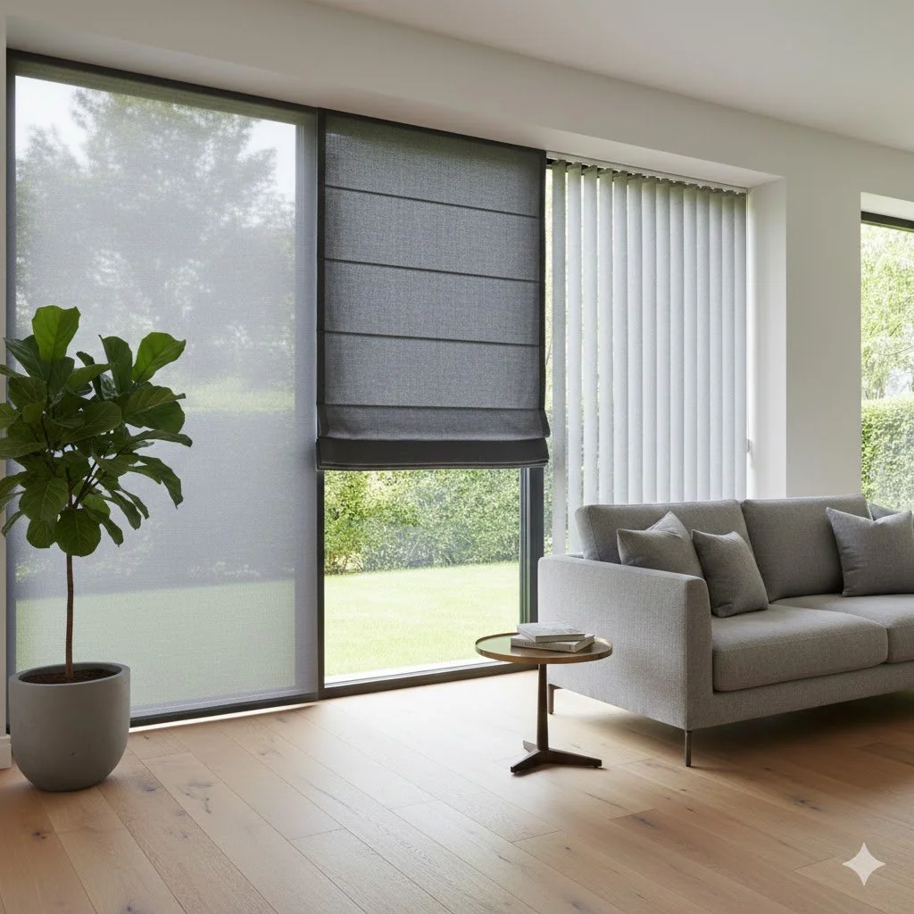 Salon moderne avec canapé gris, table d'appoint, grande fenêtre avec voilage, volet roulant, et un plante verte en pot.