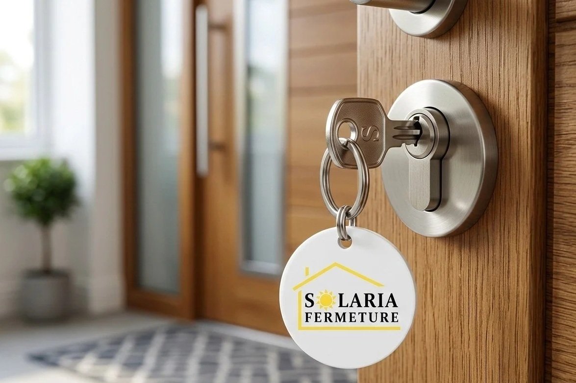 Clé dans la serrure d'une porte en bois avec un badge d'arrêt de fermeture de Solaria.