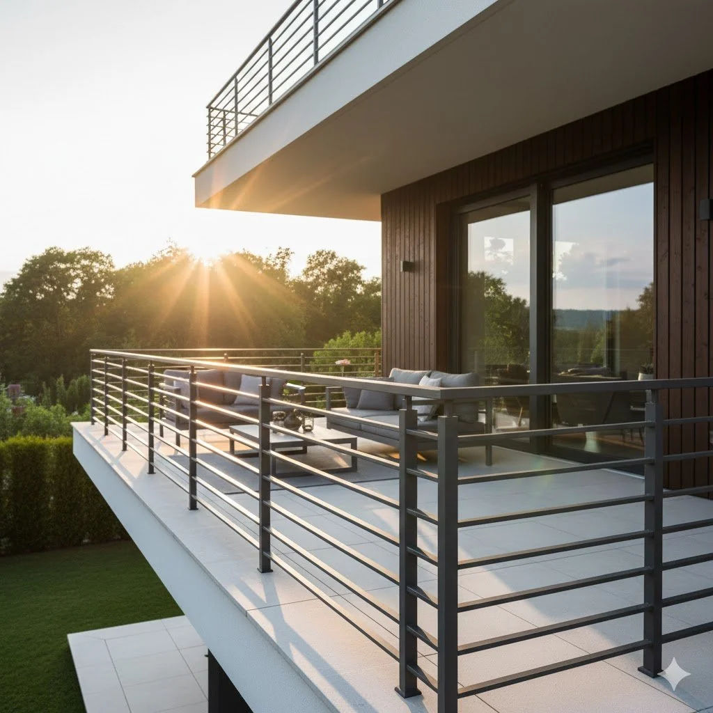 Balcon moderne avec fauteuils et coussins, vue sur la nature au coucher du soleil.
