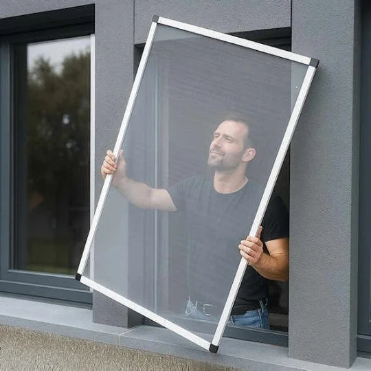 Un homme tenant une moustiquaire en verre devant une fenêtre moderne.