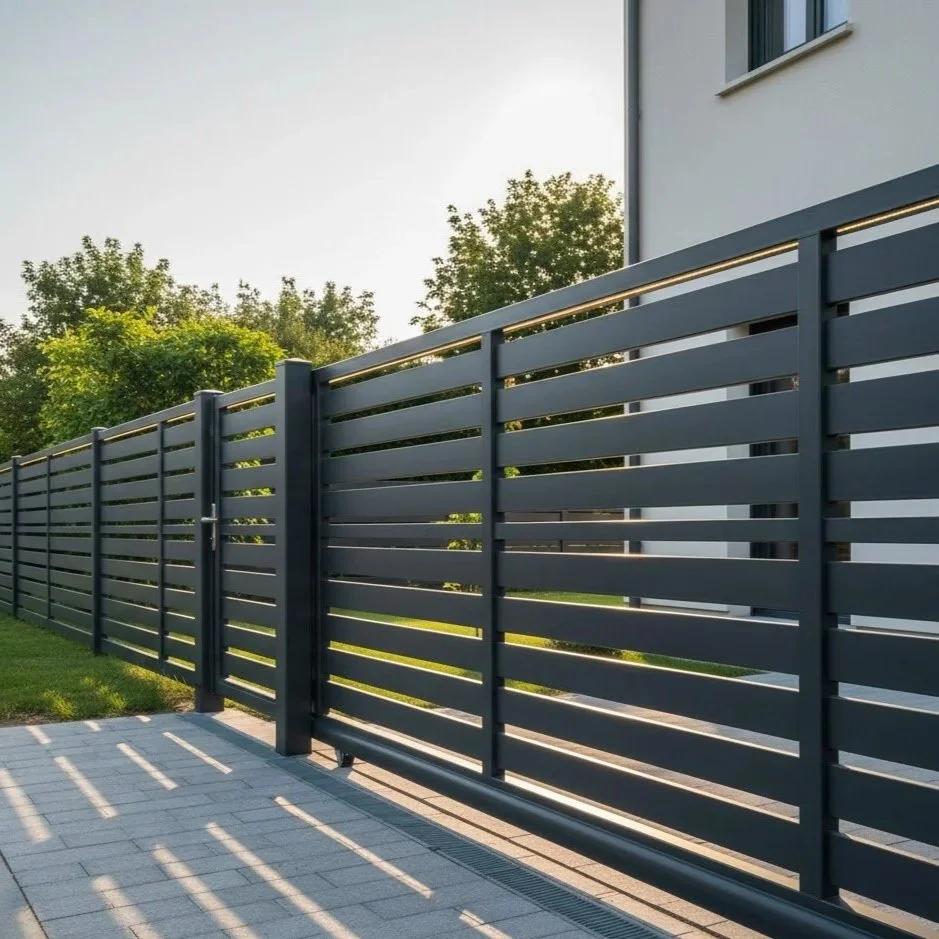Vue au ras du sol d'une porte moustiquaire en métal avec un sol en marbre, à l'extérieur on voit des arbres verts et un ciel bleu.