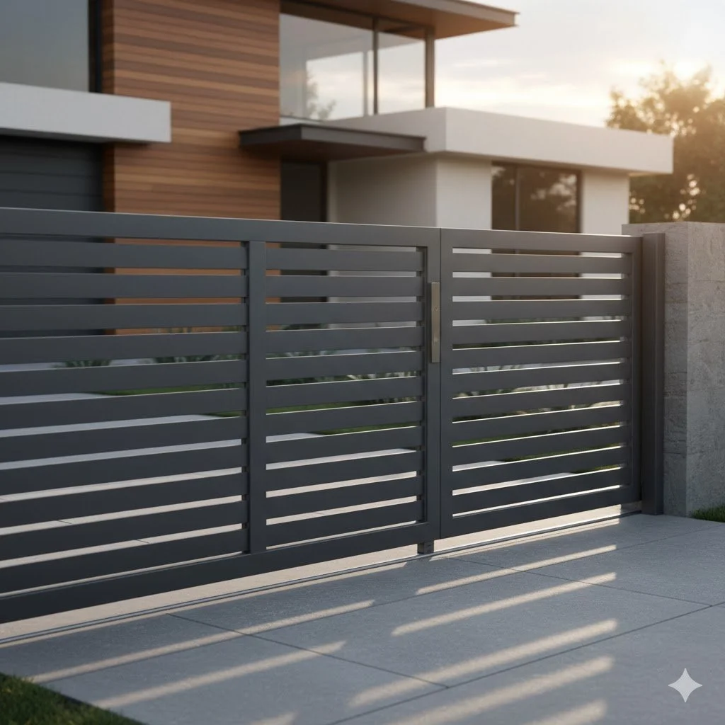 Vue au ras du sol d'une porte moustiquaire en métal avec un sol en marbre, à l'extérieur on voit des arbres verts et un ciel bleu.