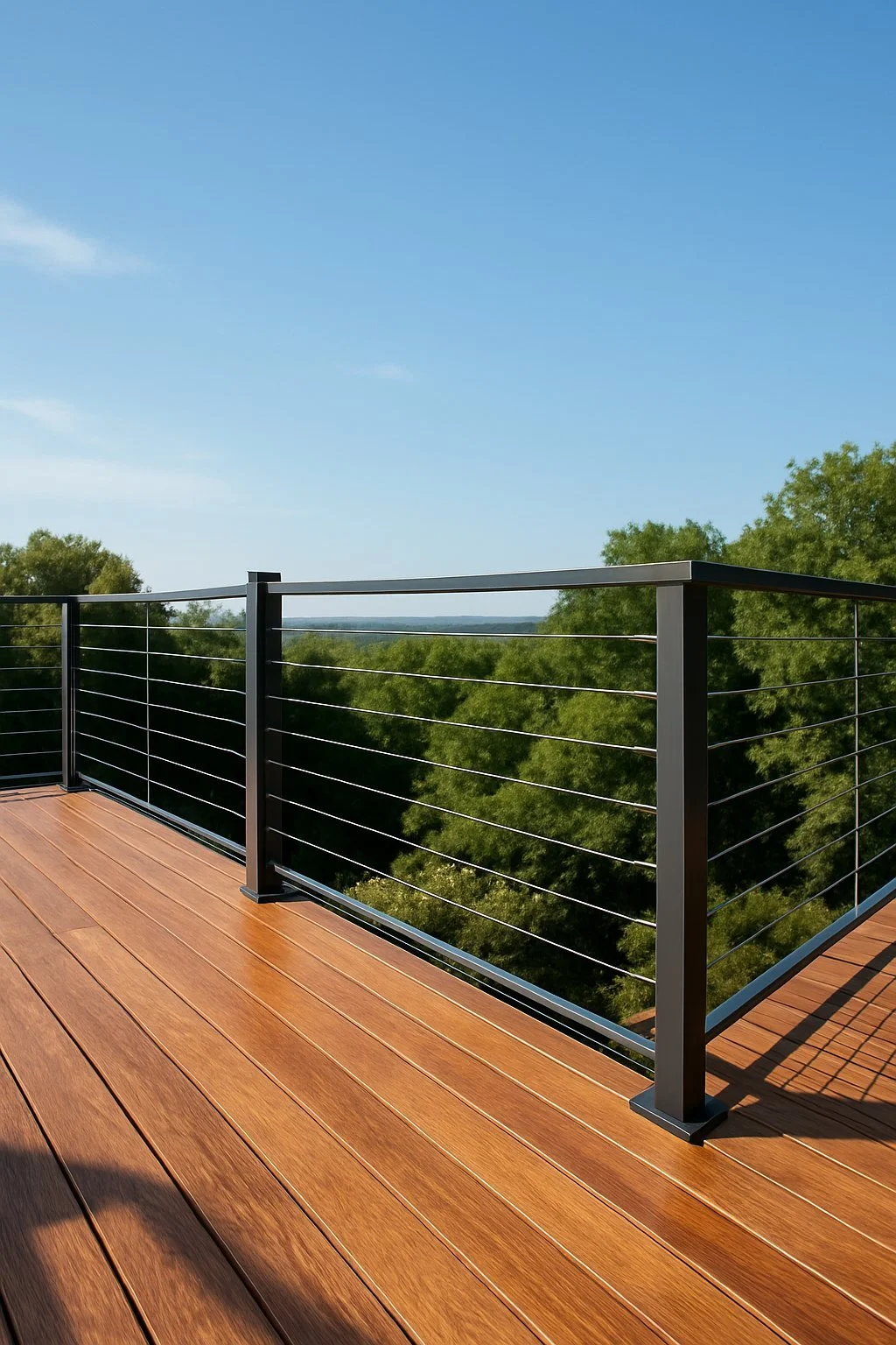 Balcon en bois avec une rambarde en métal noir, vue sur un ciel bleu et des arbres verts.