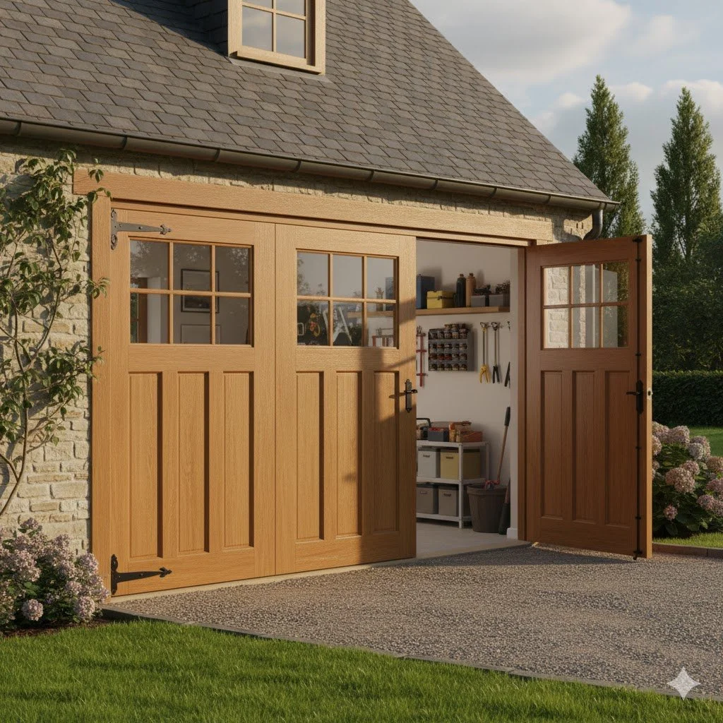 Une porte de garage en bois partiellement ouverte qui donne accès à un atelier ou un espace de stockage. À l'intérieur, on voit des étagères avec des outils et des caisses de rangement.