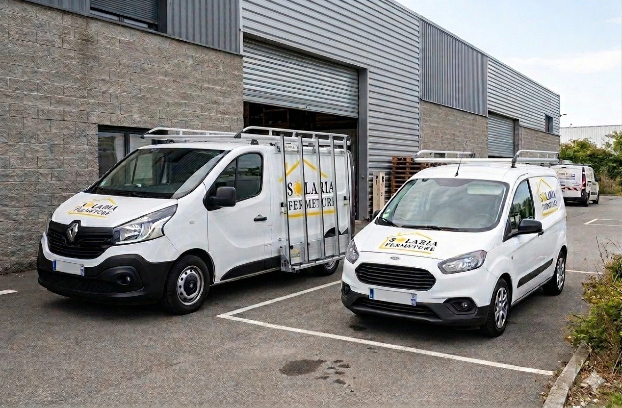 Local technique de Francheville pour l'entreprise Solaria Fermeture à Tassin La Demi Lune avec les véhicules utilitaires adaptés à la pose de menuiserie sur-mesure dans le Rhône