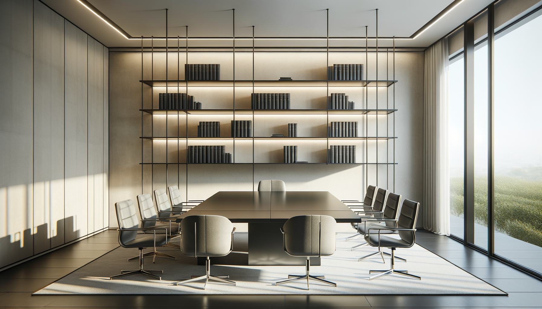 Modern conference room with a large table, eight chairs, and a bookshelf on the wall.