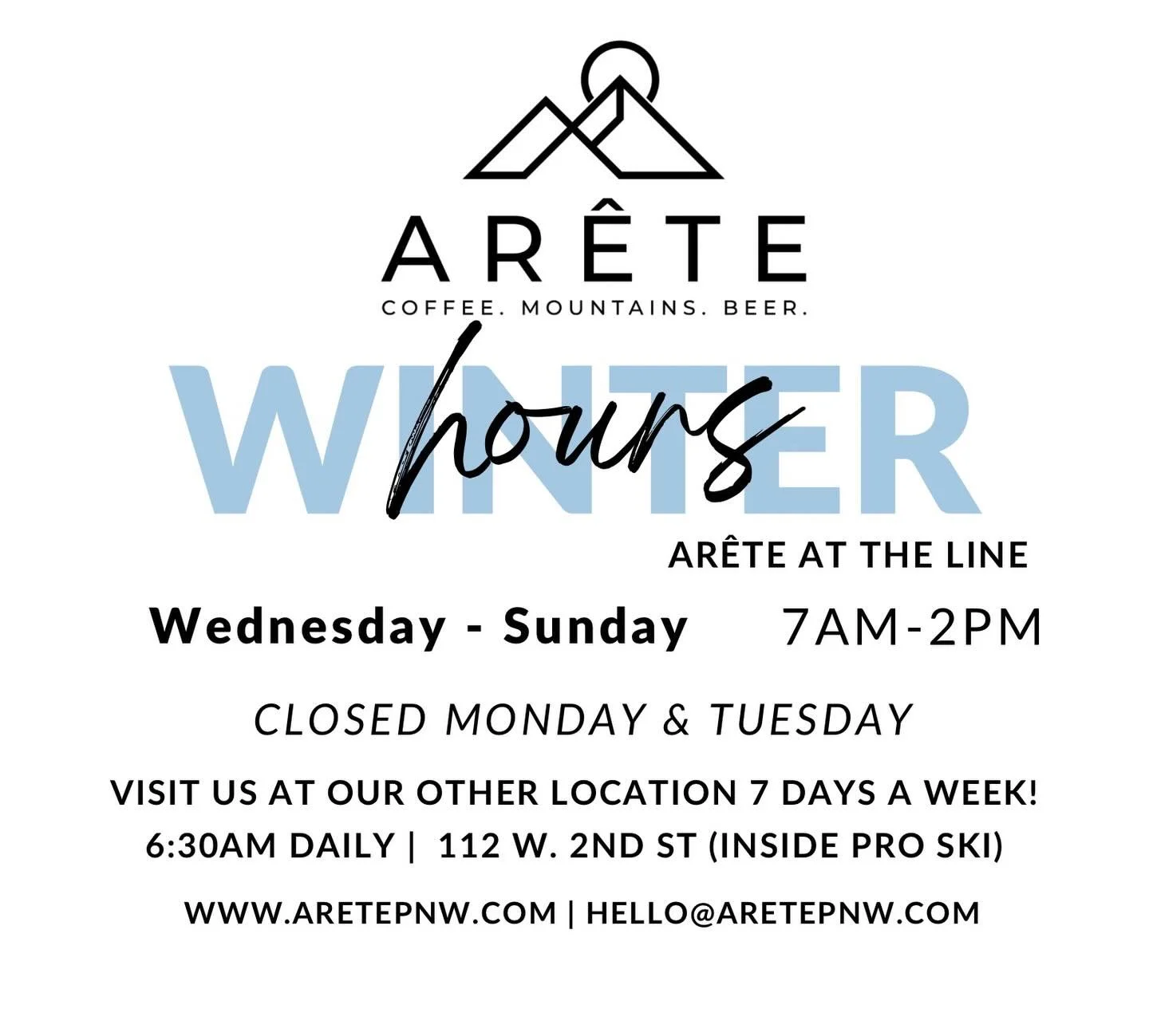 The slow winter season has caught up to us, so we&rsquo;re shifting to winter hours at Ar&ecirc;te at The Line Experience. The Line location will now be closed Mondays &amp; Tuesdays for the time being.

Our Pro Ski location remains open 7 days a wee