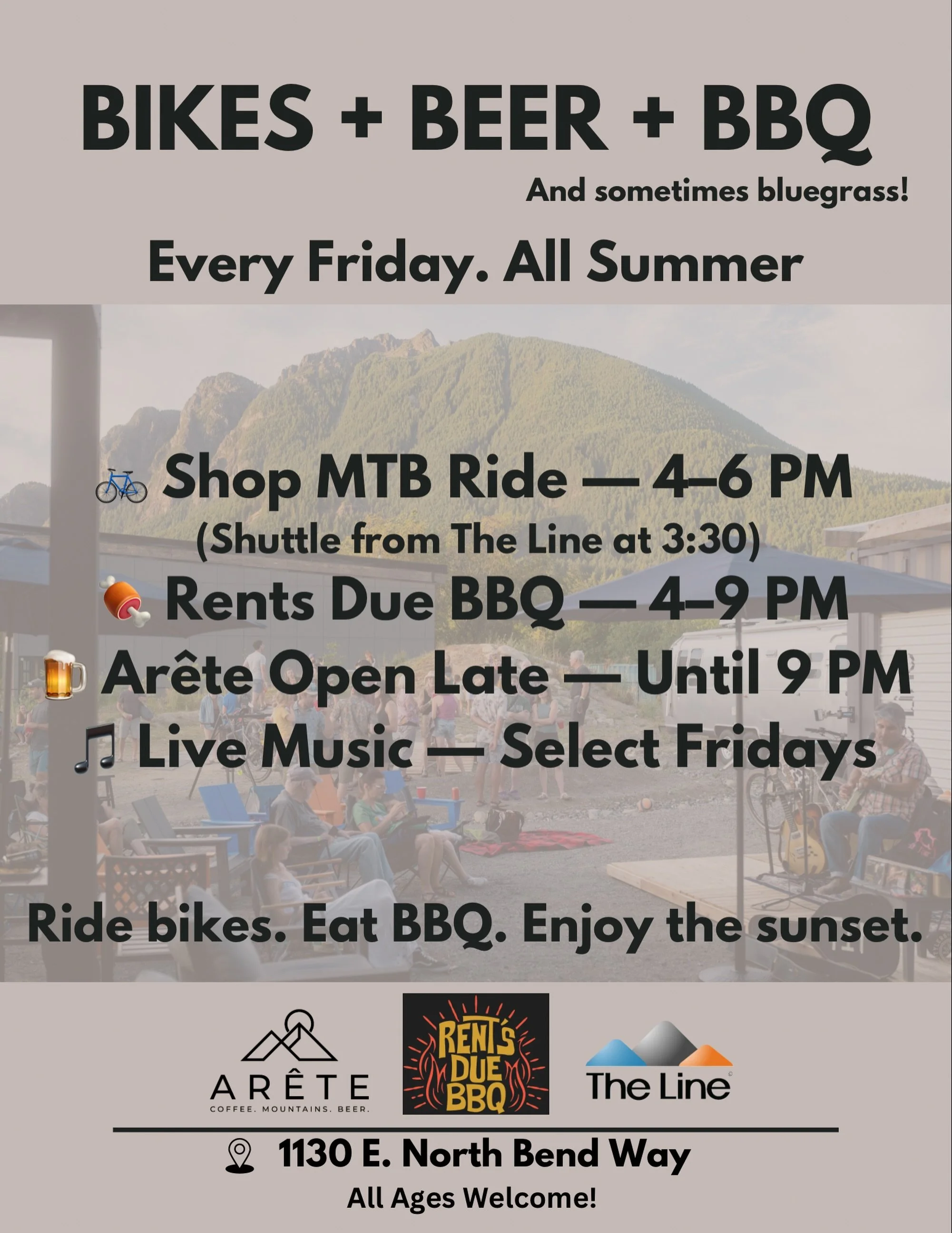 Exciting News!

Every Friday all summer long, we&rsquo;re teaming up with @thelinebike  and @rentsduebbq for an evening of bikes, food, beer, and community!

Mountain Bike Group Ride

&bull; Meet at The Line at 3:30 PM if you&rsquo;d like a shuttle t
