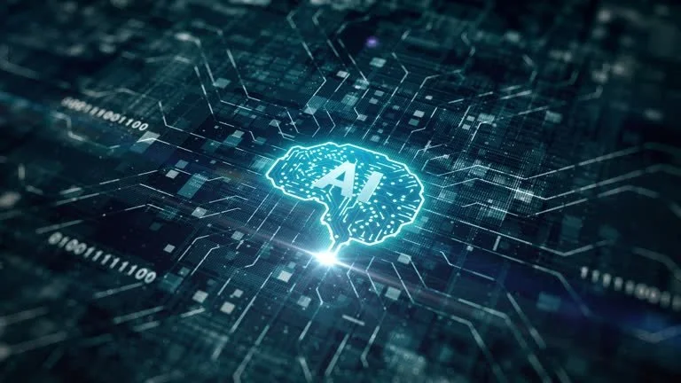 Digital illustration of a brain with an AI symbol, surrounded by lines of code and data visualization elements.
