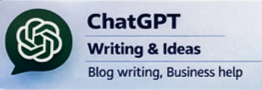 ChatGPT banner with logo, mentioning writing ideas, blog writing, and business help