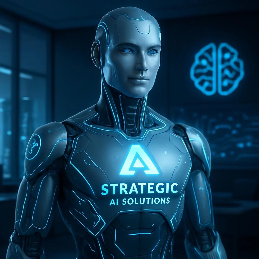 A humanoid robot with a sleek, futuristic design and glowing blue accents, standing in a high-tech environment. The robot displays the words 'Strategic AI Solutions' on its chest with a triangular logo above.